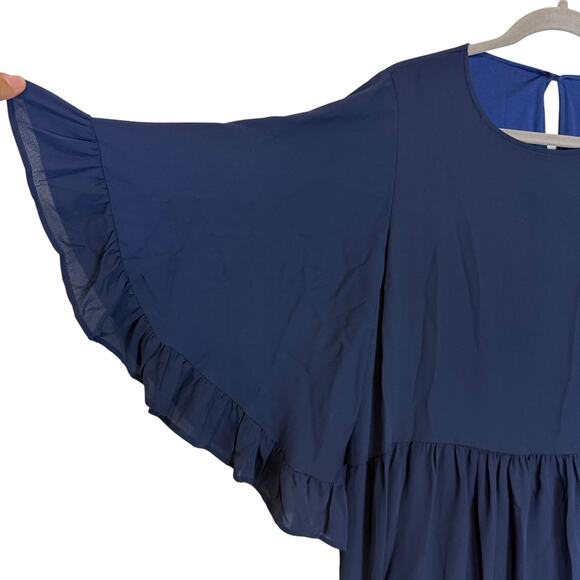 The Impeccable Pig Mini Dress Womens Medium Blue Ruffle Hem Keyhole Back Pleated - Picture 8 of 14